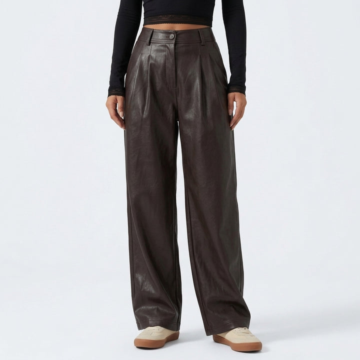 High Waisted Tapered Stretchy PU Fleece Casual Pants with Pockets