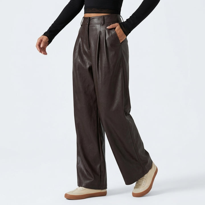 High Waisted Tapered Stretchy PU Fleece Casual Pants with Pockets