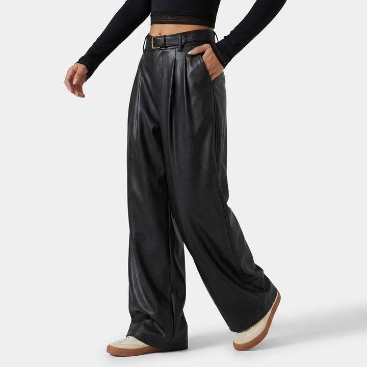 High Waisted Tapered Stretchy PU Fleece Casual Pants with Pockets
