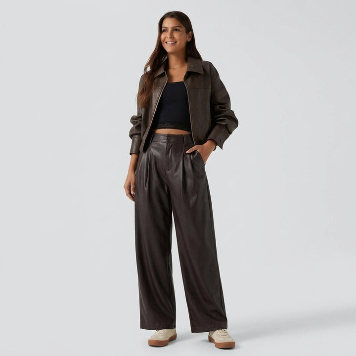 High Waisted Tapered Stretchy PU Fleece Casual Pants with Pockets