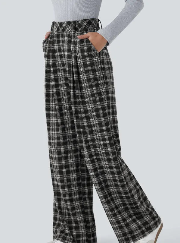 High Waisted Wide Leg Plaid Casual Pants with Pockets