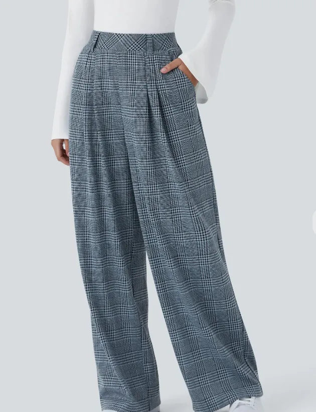 High Waisted Wide Leg Plaid Casual Pants with Pockets
