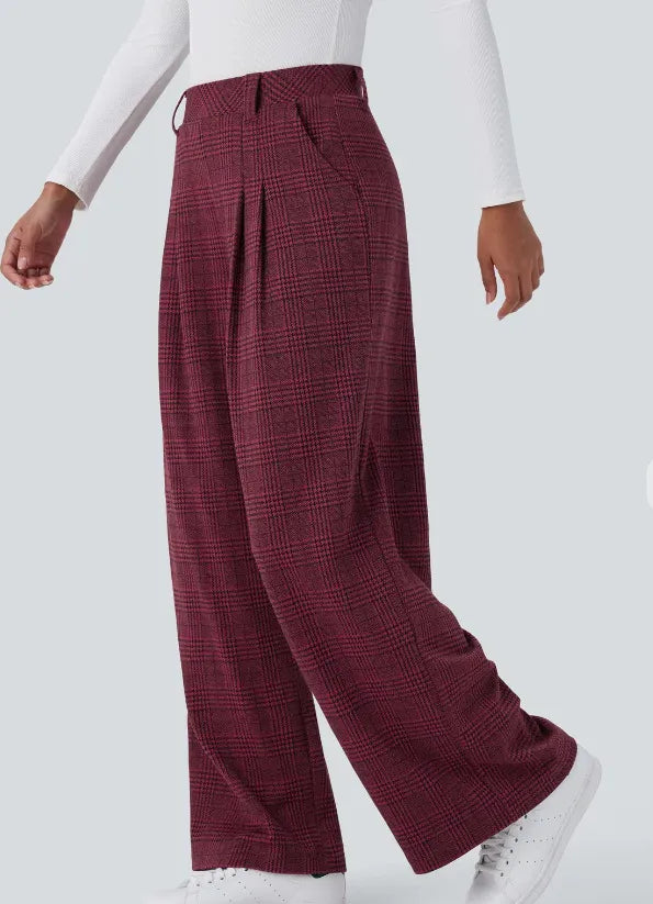High Waisted Wide Leg Plaid Casual Pants with Pockets