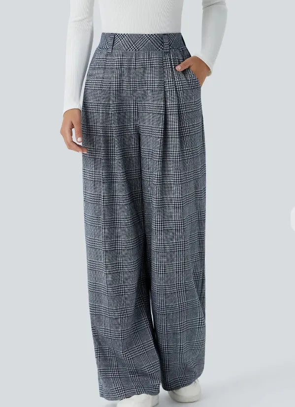 High Waisted Wide Leg Plaid Casual Pants with Pockets