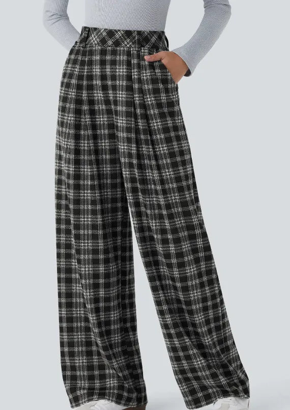 High Waisted Wide Leg Plaid Casual Pants with Pockets