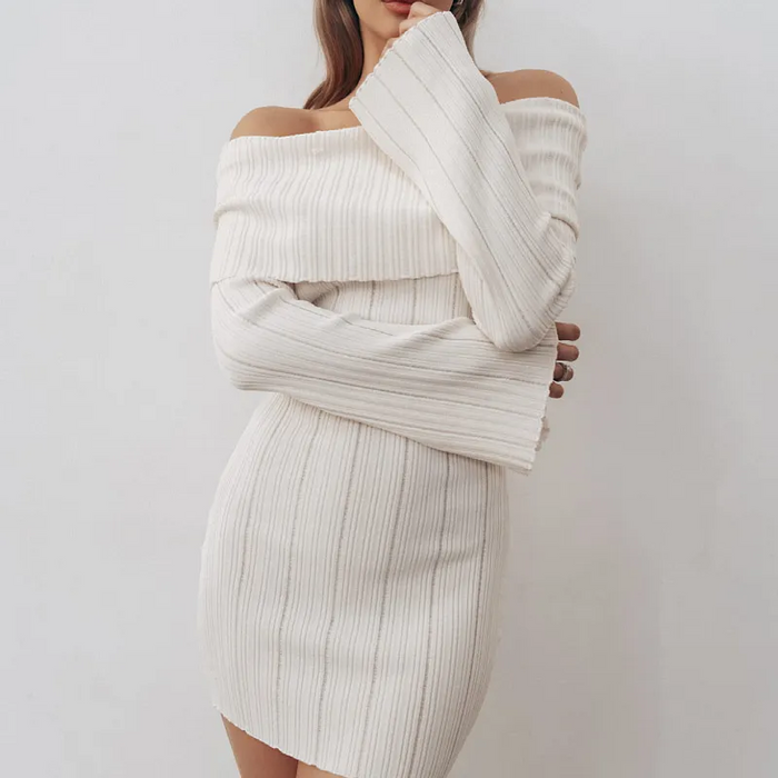 Off Shoulder Bell Long Sleeve Bodycon Mini Casual Sweater Dress