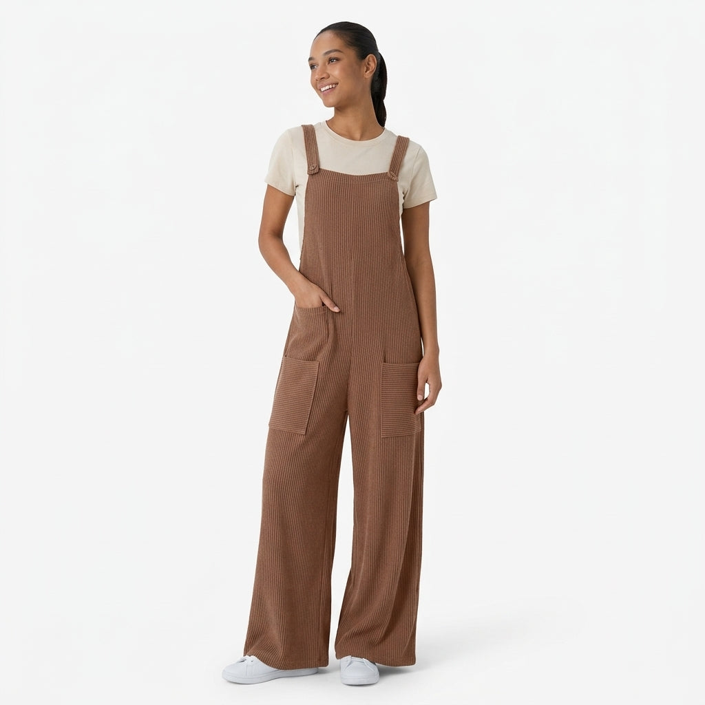 Ribbed Knit Pockets Casual Overalls