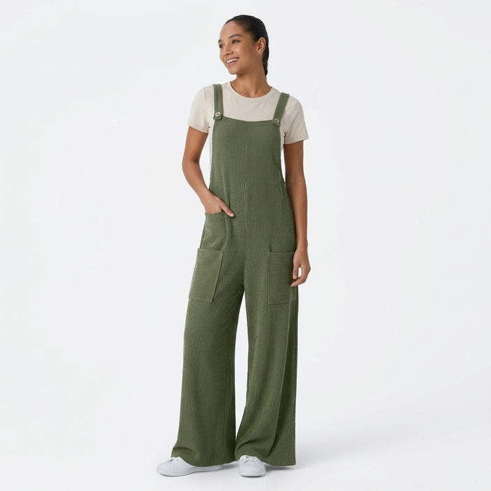 Ribbed Knit Pockets Casual Overalls