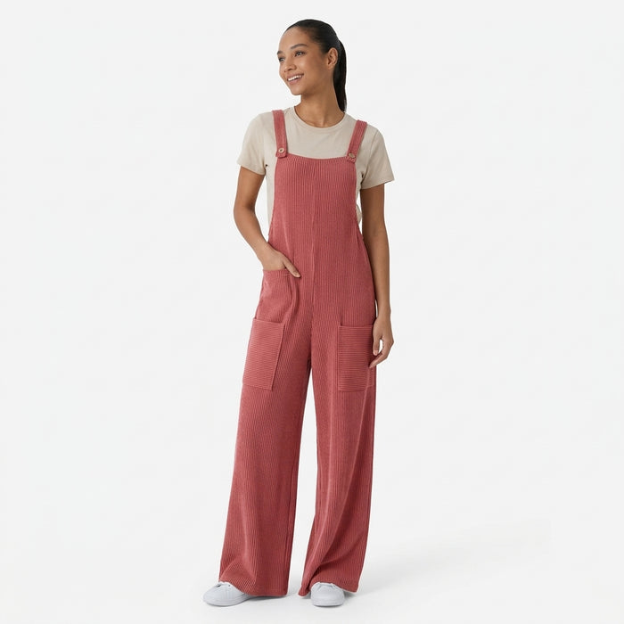 Ribbed Knit Pockets Casual Overalls
