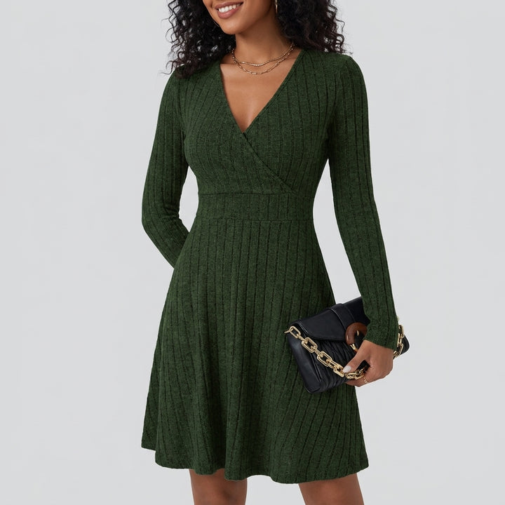 Ribbed Knit V Neck Long Sleeve Flare Mini Casual Dress