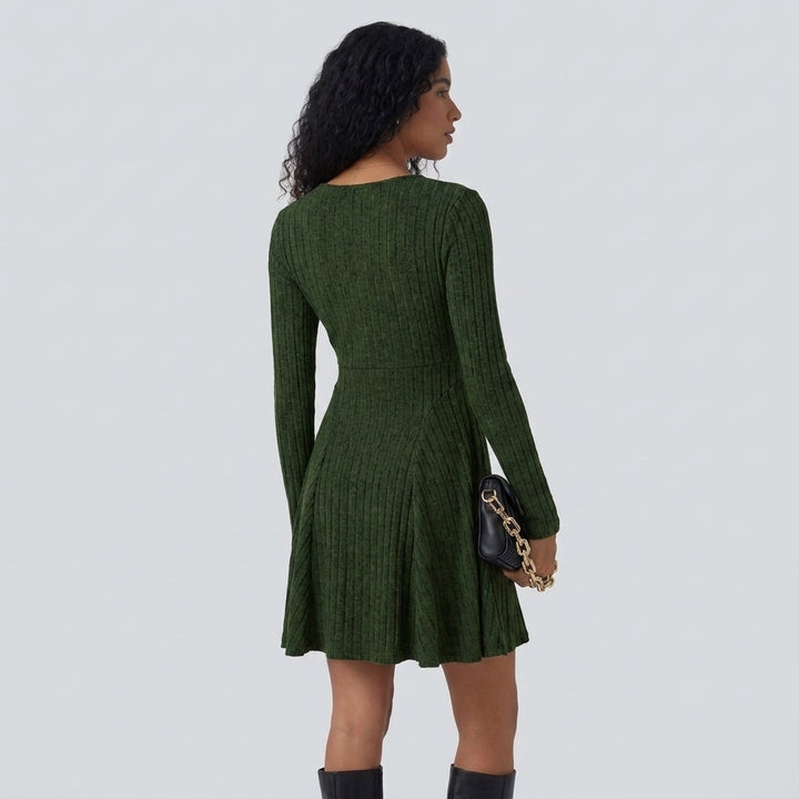 Ribbed Knit V Neck Long Sleeve Flare Mini Casual Dress
