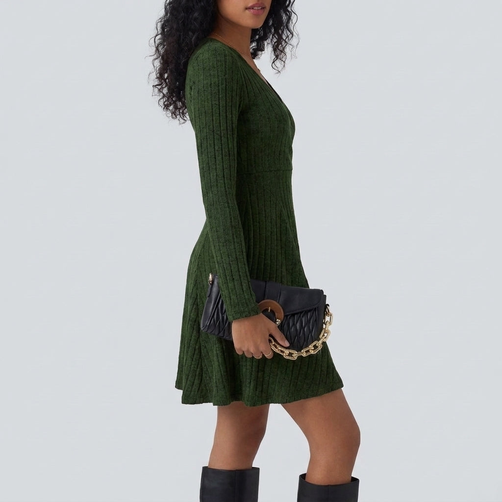 Ribbed Knit V Neck Long Sleeve Flare Mini Casual Dress