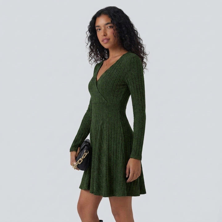 Ribbed Knit V Neck Long Sleeve Flare Mini Casual Dress