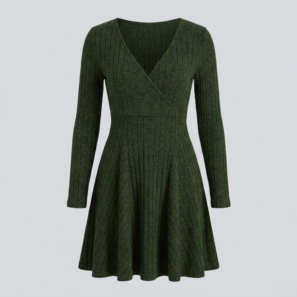 Ribbed Knit V Neck Long Sleeve Flare Mini Casual Dress