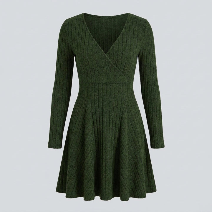 Ribbed Knit V Neck Long Sleeve Flare Mini Casual Dress
