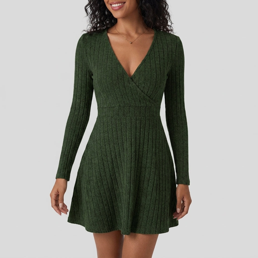 Ribbed Knit V Neck Long Sleeve Flare Mini Casual Dress