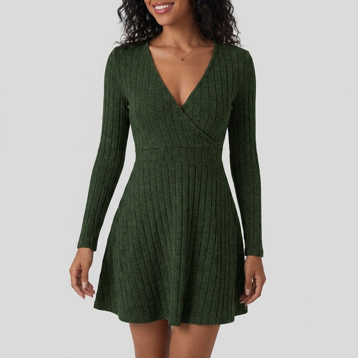 Ribbed Knit V Neck Long Sleeve Flare Mini Casual Dress