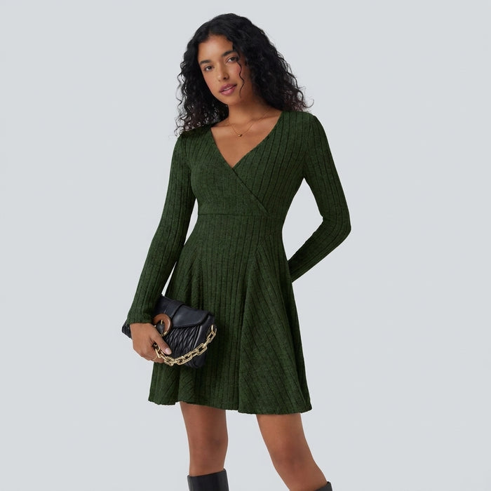 Ribbed Knit V Neck Long Sleeve Flare Mini Casual Dress