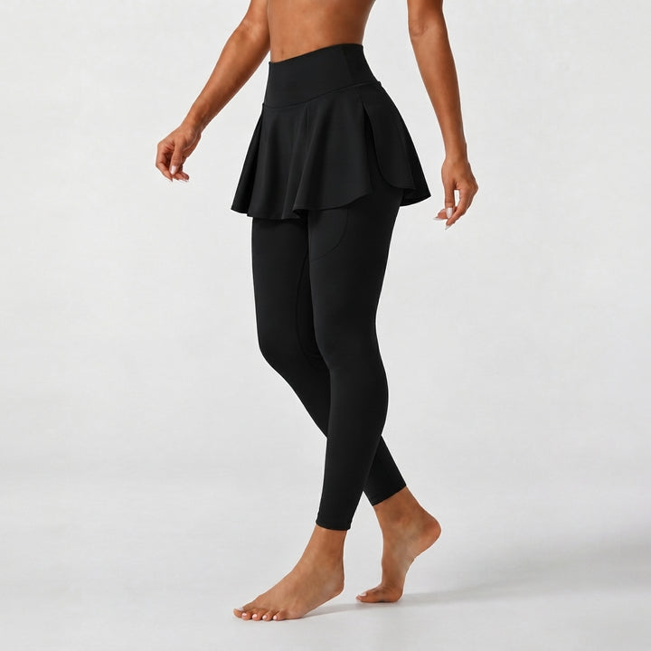 SoftlyZero Airy Mid Rise Pleated Contrast Mesh Dance Skirted Leggings with Pockets