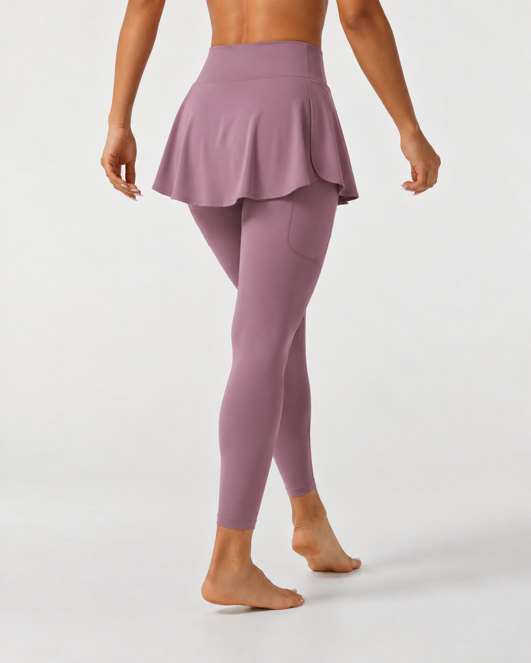 SoftlyZero Airy Mid Rise Pleated Contrast Mesh Dance Skirted Leggings with Pockets