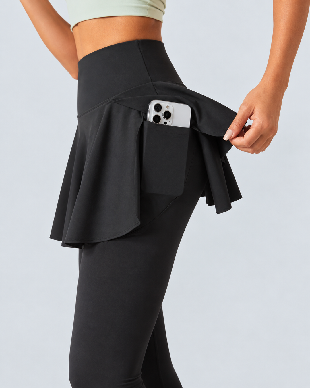 SoftlyZero Airy Mid Rise Pleated Contrast Mesh Dance Skirted Leggings with Pockets
