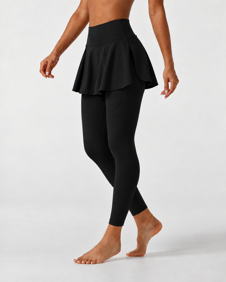 SoftlyZero Airy Mid Rise Pleated Contrast Mesh Dance Skirted Leggings with Pockets