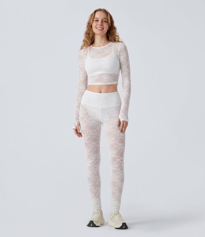 SoftlyZero Contrast Lace Halter Long Sleeve Thumb Holes Cropped Yoga Top