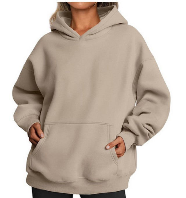 Woman wearing oversized fleece hoodie