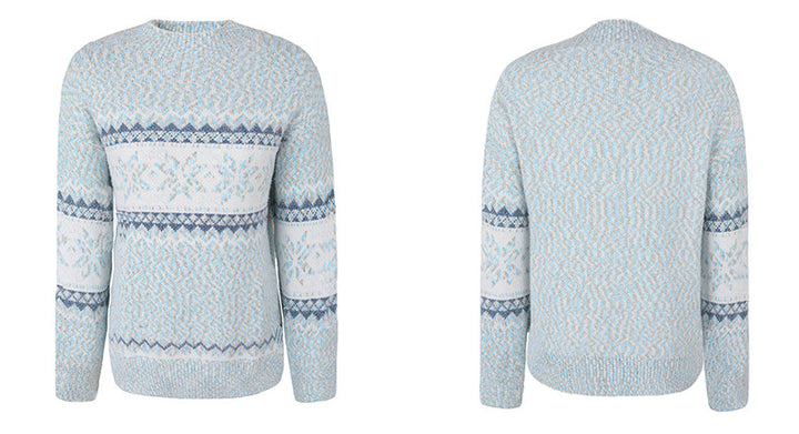 Woman in snowflake knit mock neck sweater
