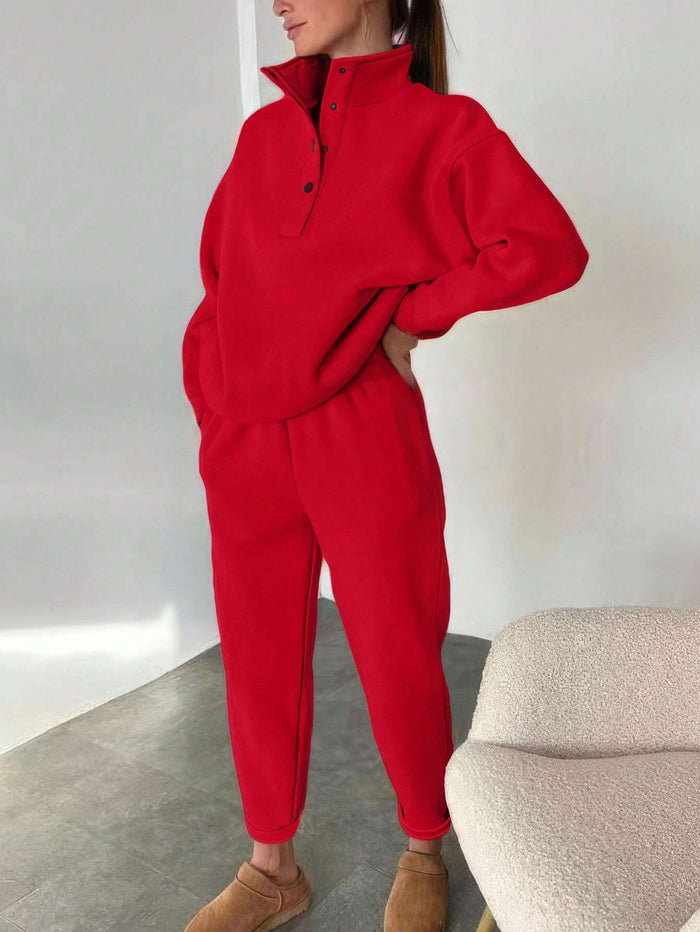Taylor | Oversized Fleece Lounge Set with Half Button Pullover