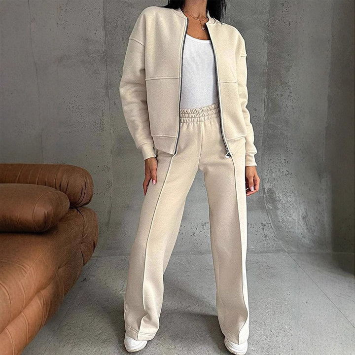 Woman in a zip jacket and wide-leg pants set
