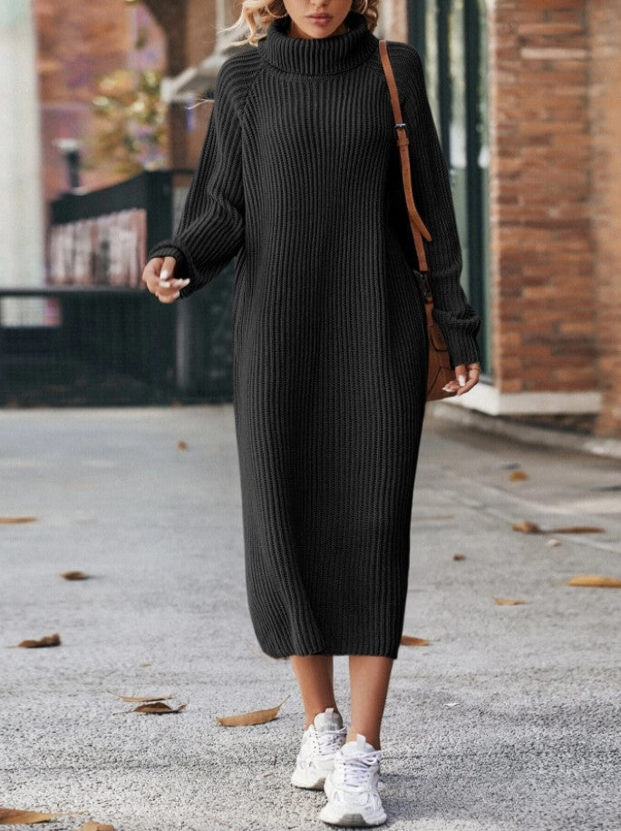 Woman in a long turtleneck sweater dress