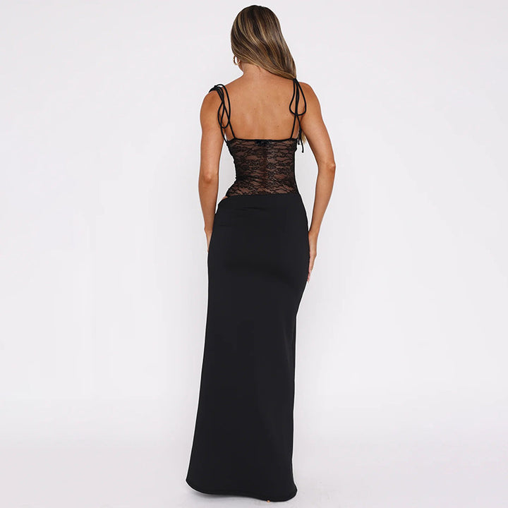 Woman in a lace maxi slip dress